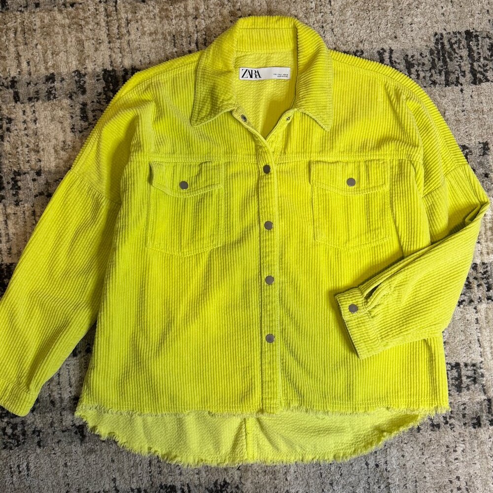 Zara Oversized Neon Corduroy Shirt W/Frayed Hem & Snap Front